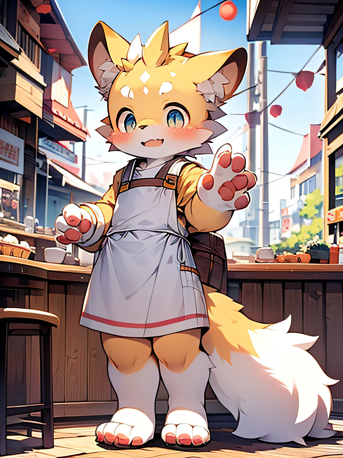 (Yellow and white fur,Full Body Furry,Yellow ears,A yellow-blue tail,Yellow thighs,Orange feet,eBlue eyes), adolable, standing on your feet, Master masterpieces, A high resolution, 8k, detailedbackground, high qulity, Libido boy, male people,(by Dagasi: 1.1), 独奏, aprons ,Cafe,ssmile