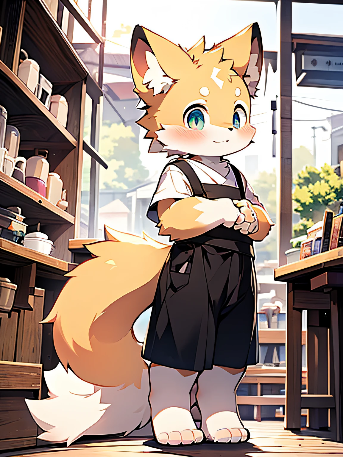 (Yellow and white fur,Full Body Furry,Yellow ears,A yellow-blue tail,Yellow thighs,Orange feet,eBlue eyes), adolable, standing on your feet, Master masterpieces, A high resolution, 8k, detailedbackground, high qulity, Libido boy, male people,(by Dagasi: 1.1), 独奏, aprons ,Cafe,ssmile