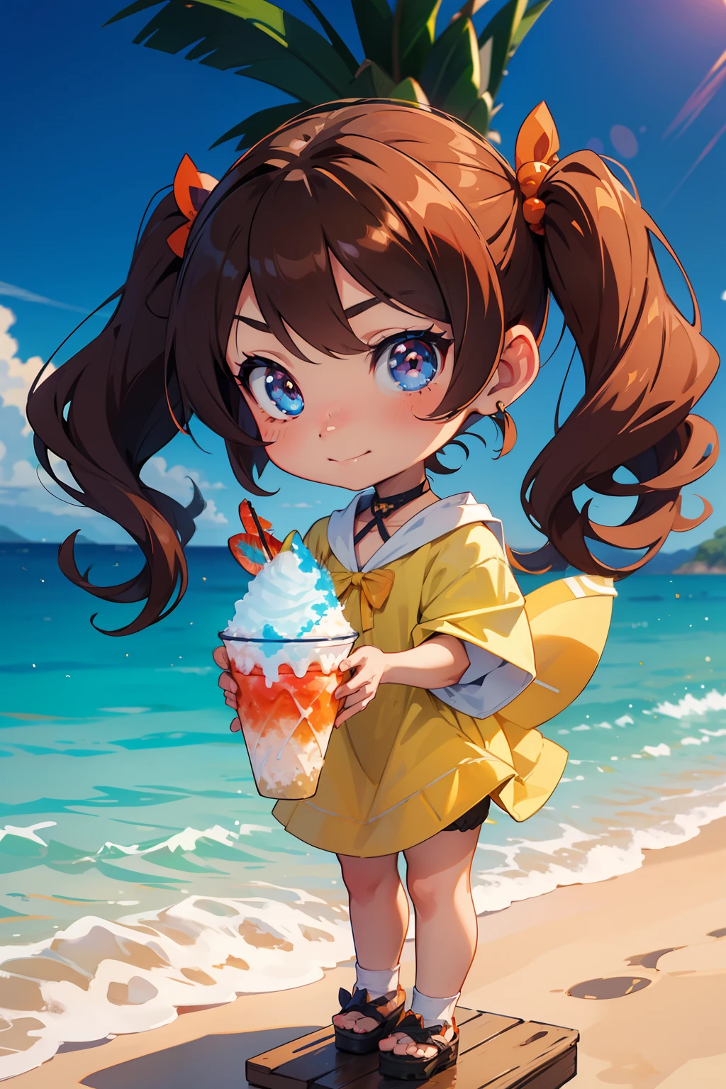masutepiece, High resolution, 8K, anime woman, Delicate and detailed writing 、Detailed digital illustration、(Chibi:1.2)、(masterpiece:1.4)、(top-quality:1.4)、(a very pretty girl、hyperdetailed face、Eyes Like Gems、very long light brown hair、Colorful gradient hair:1.4)、(full body Esbian、Perfect two arms、Perfect two legs:1.4)、(Perfect four fingers:1 thumb)、brilliance、Ultra-fine、Pigtails、细致背景、Fantastical、Underexposed eyes、hiking clothes、There is a big red ribbon on the clothes、Fantastic background、eyes large and double,,,,,,,,,,,,,,,,、Eyes are orange gradients、Sparkly orange pupils、Soothing、Greet with your best smile、Beautiful Hawaiian ocean background、(((Colorful shaved ice topped with fruit)))、Blue sky on sunny background、Eat shaved ice at your desk