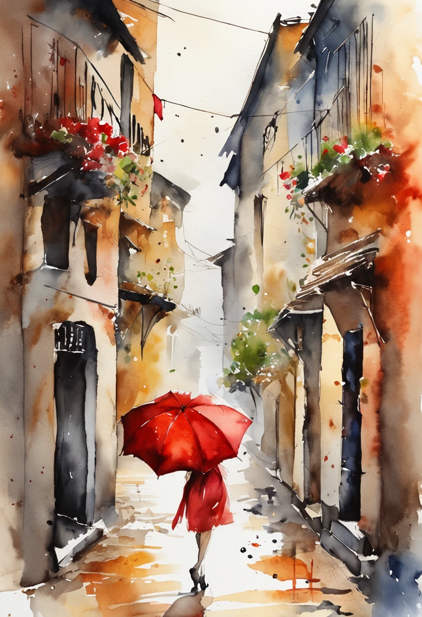 evening、A city scape、Sateen、Red umbrella、s girl、Rear view