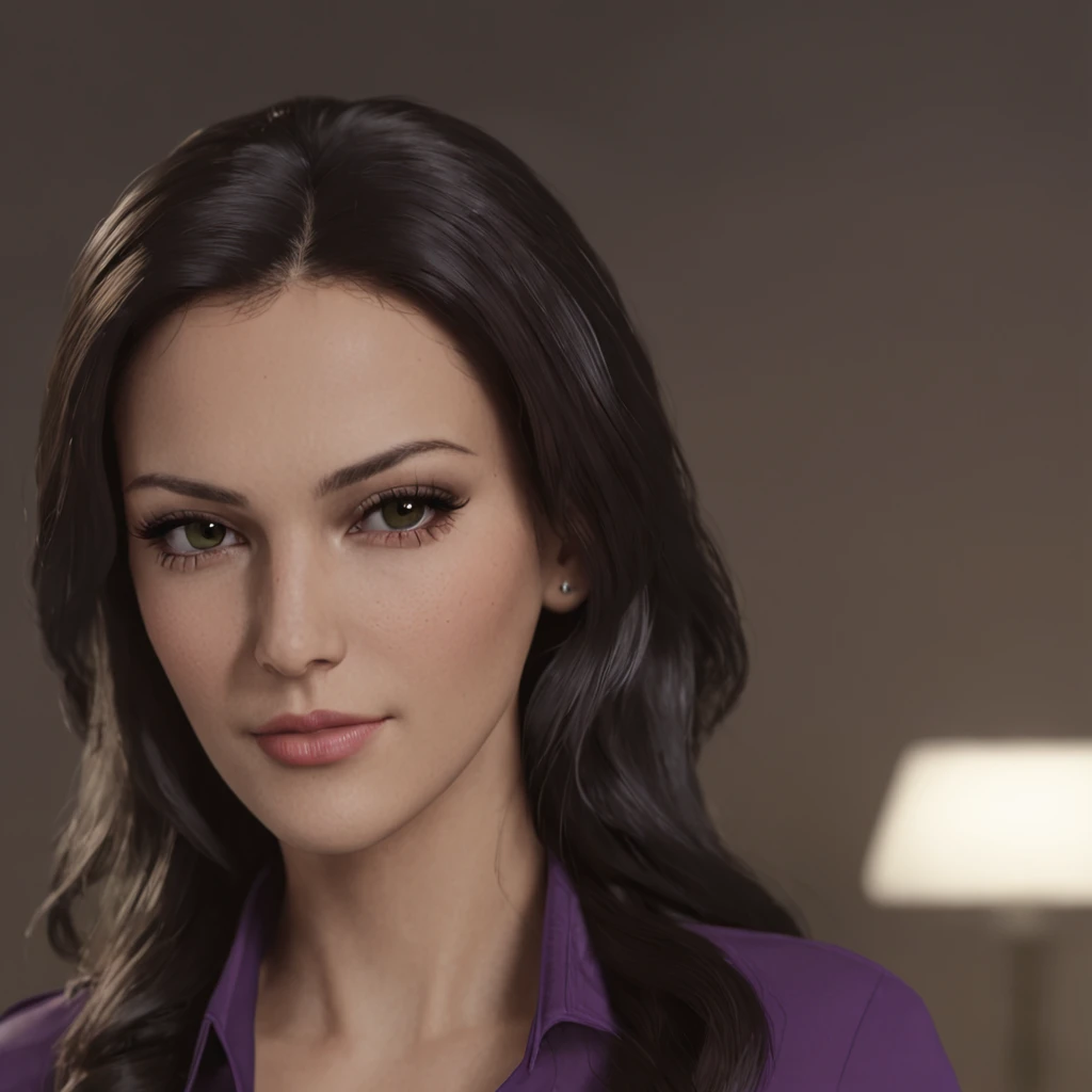 Hot young girl with model looks like Monica Bellucci in the image of a secretary in a purple shirt , Strict office style, Noir, a neat nose, Perfect smile, I look proudly at the camera, tanned Mexican woman, pouty lips, Screensaver from GTA 4, Style GTA 4, Located in a skyscraper, in the office from GTA 4, in the background in the window skyscrapers from the city of GTA 4, Raindrops, Passionate gaze, Moisture content of calves, Rich photography, 4k, 真实感, GTA 4, There is green and purple in the frame