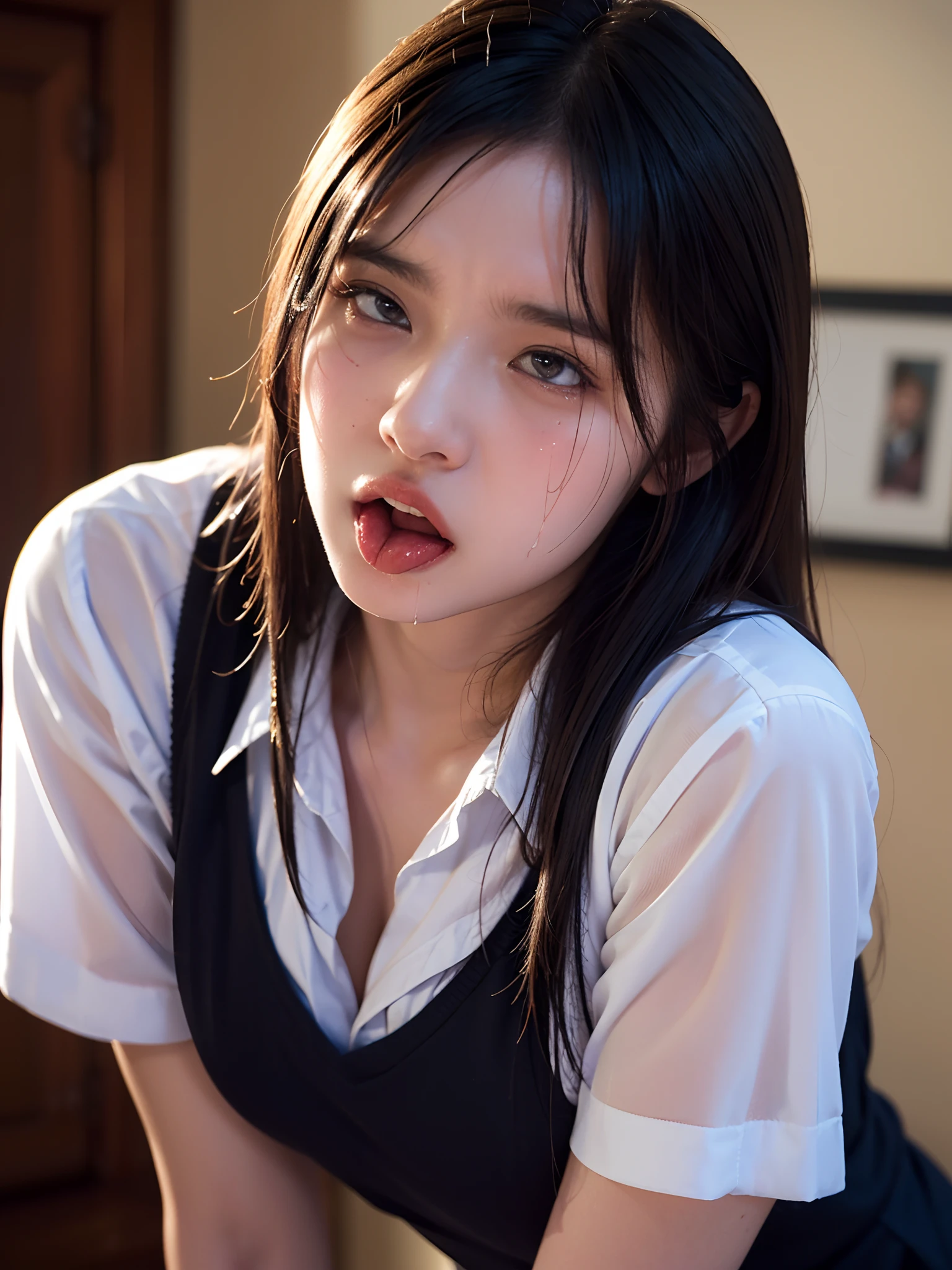 ittle girl, japanese , (tongue), ahg, (rolling eyes), cum,wet, drooling, (anguish), pornography, (lingerie), (school uniform), ((10 years old)), school, (seductive smile:0.6), RAW photo, realistic,(vibrant detail, beautiful background, absurdres, octane render, illustration, an extremely delicate and beautiful, embarrassed, extremely detailed,