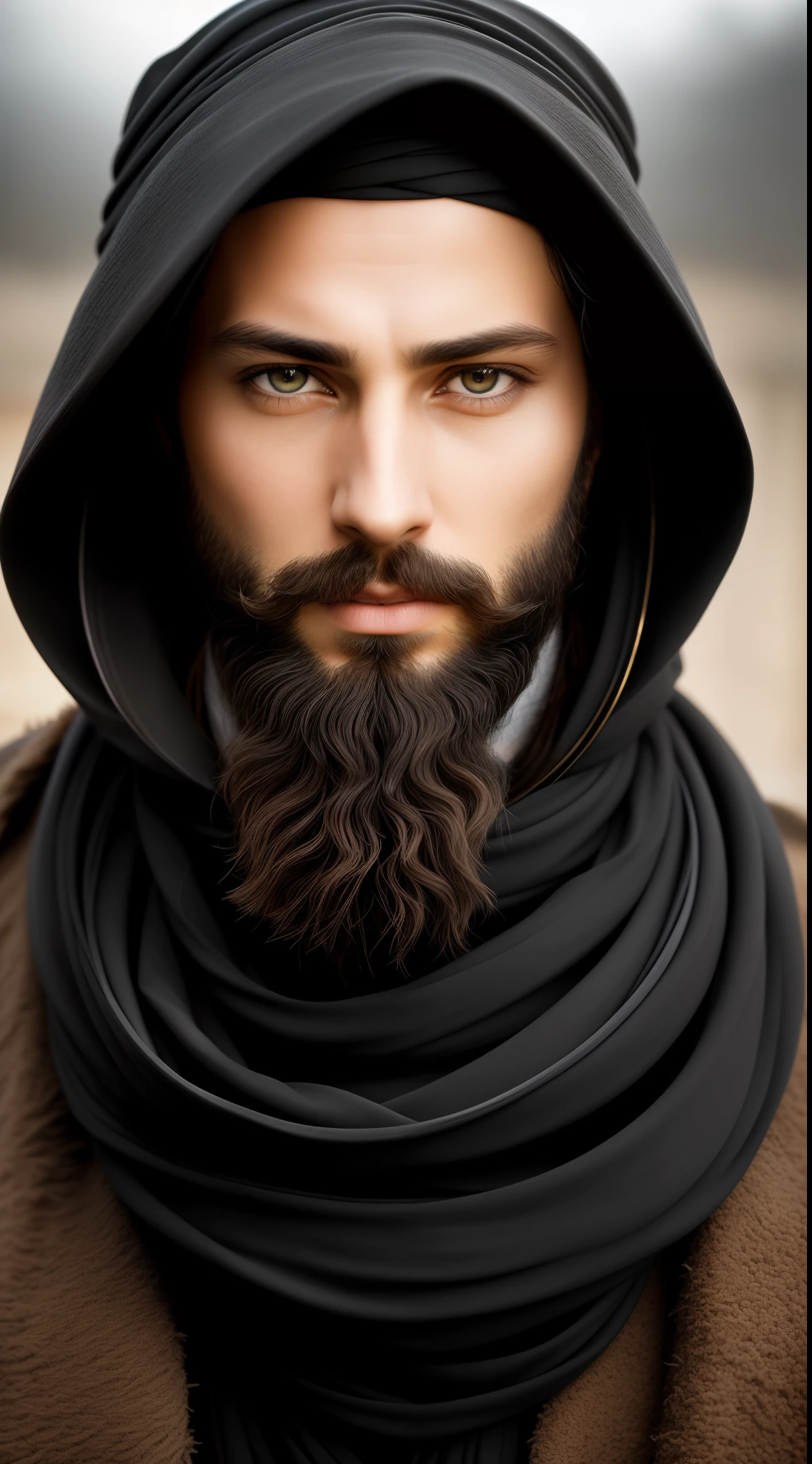 close up portratit of dune citadel (dark rider), hair covered with a fantastic turban, beard, transparent black veil, the composition is balanced and dynamic, fog, (detailed skin, skin texture), (intricately detailed eyes, fine details, hyperdetailed), epic cinematic, golden hour lighting, photojournalism, wignette, HDR, photo realistic, professional photo, sharp focus bokeh, (photo quality:1.4)
