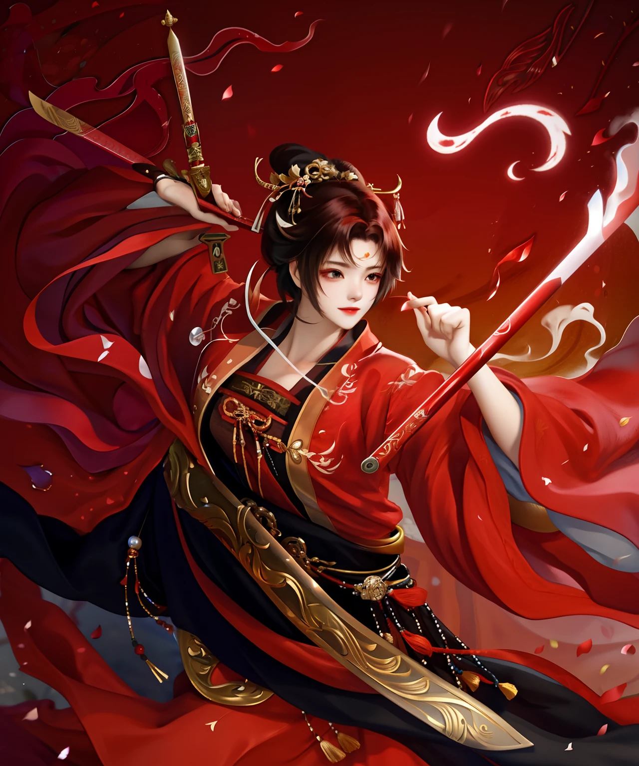short detailed hair,red color Hanfu,Hold a sword in hand