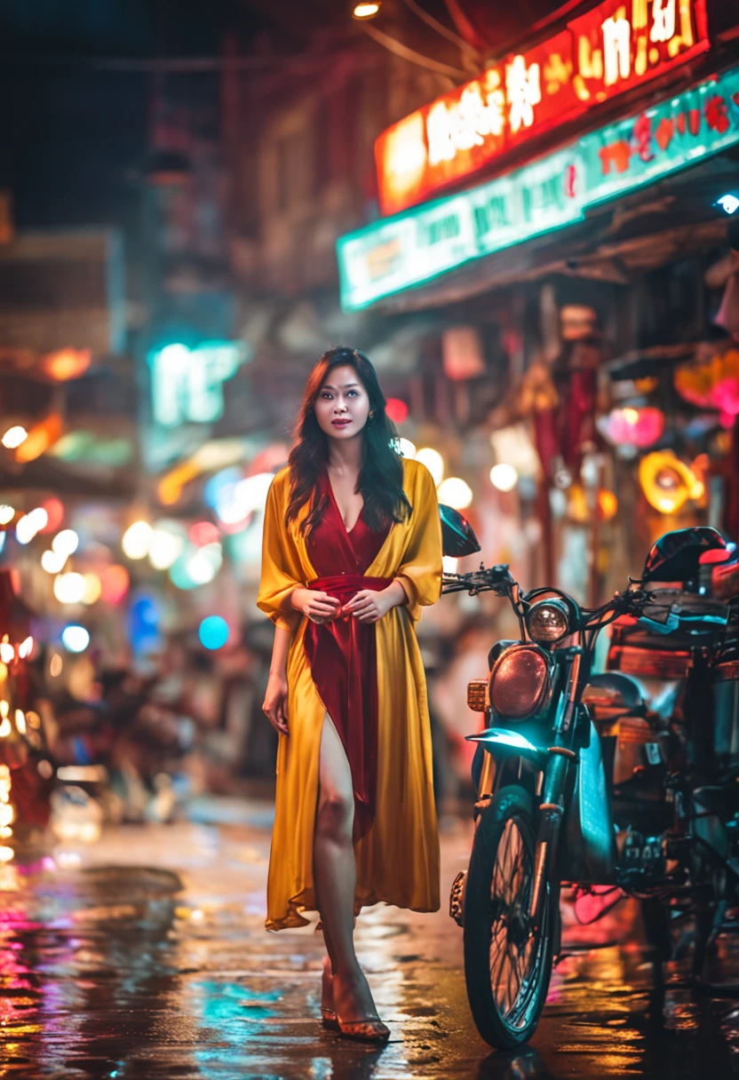 vietnamese gorgeous woman with black long hair detailed alluring eyes, high nose, beautyful face, happy, Thigh gap long sexy legs wearing ao dai Vietnam in beautiful futuristic cyberpunk+ city,, market of hanoi, mist, wet, raining, best quality masterpiece, photorealistic, detailed, 8k, HDR, shallow depth of field, broad light, high contrast, backlighting, bloom, light sparkles, chromatic aberration, sharp focus, RAW color photo