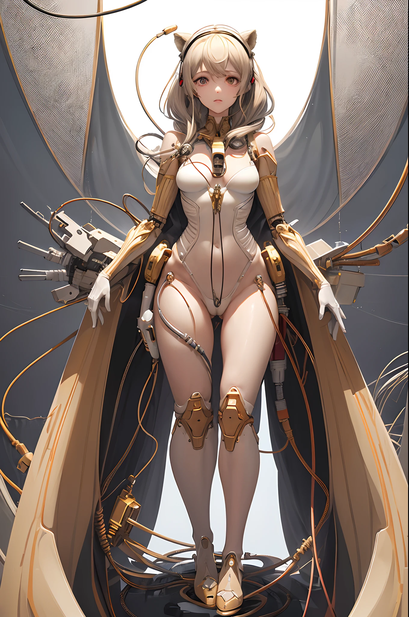 Full body like，(((Masterpiece))), (((Best quality))), ((Ultra-detailed)), (CG illustration), ((An extremely delicate and beautiful)),(thick leg),Cinematic light, ((1 mechanical girl)), Single body, full bodyesbian,(Machine-made joints:1.2),((Mechanical limb)),(Blood vessel attached to tube),(The mechanical spine is attached to the back),((The mechanical cervical vertebrae are attached to the neck)),(Camel toes),face expressionless,(Wires and cables around the neck:1.2),(wires and cables on head:1.2)(Character focus),sci-fy,White background,Extremely fine,a color,Thinnest