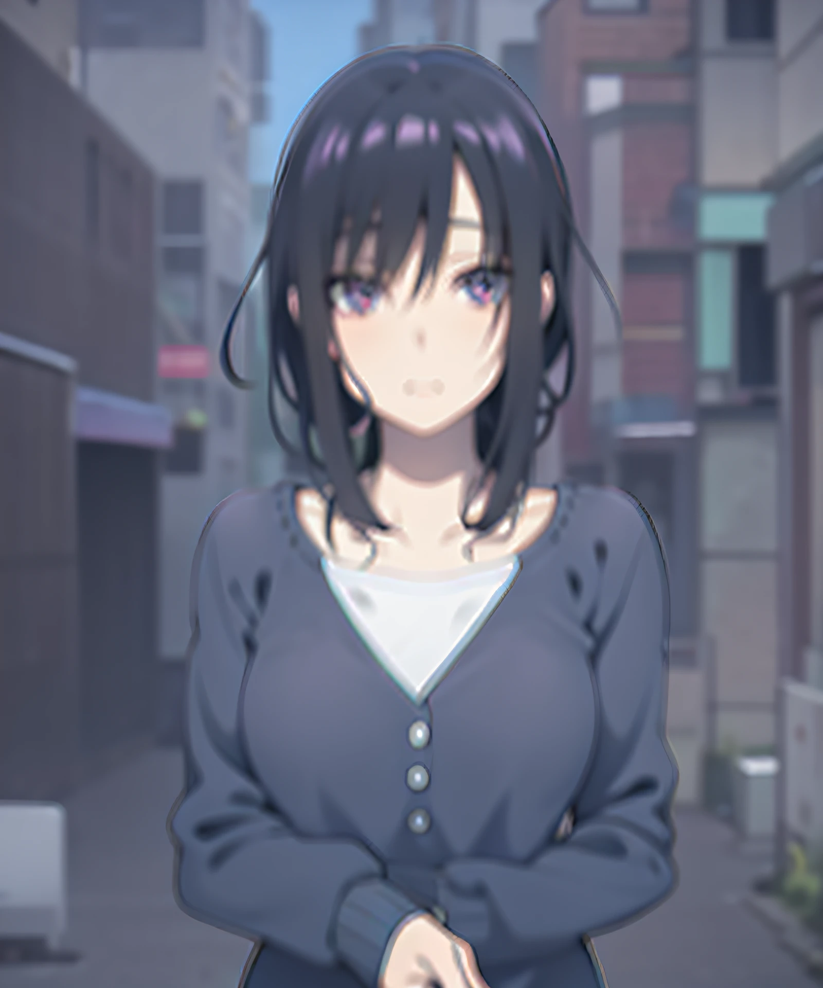 Anime girl with purple eyes and black hair standing in front of the building, anime visual of a cute girl, anime visual of a young woman, screenshot from guro anime, animated still, still from tv anime, fubuki, Anime moe art style, saori, anime girl named lucy, gapmoe yandere, female anime character, in the anime film
