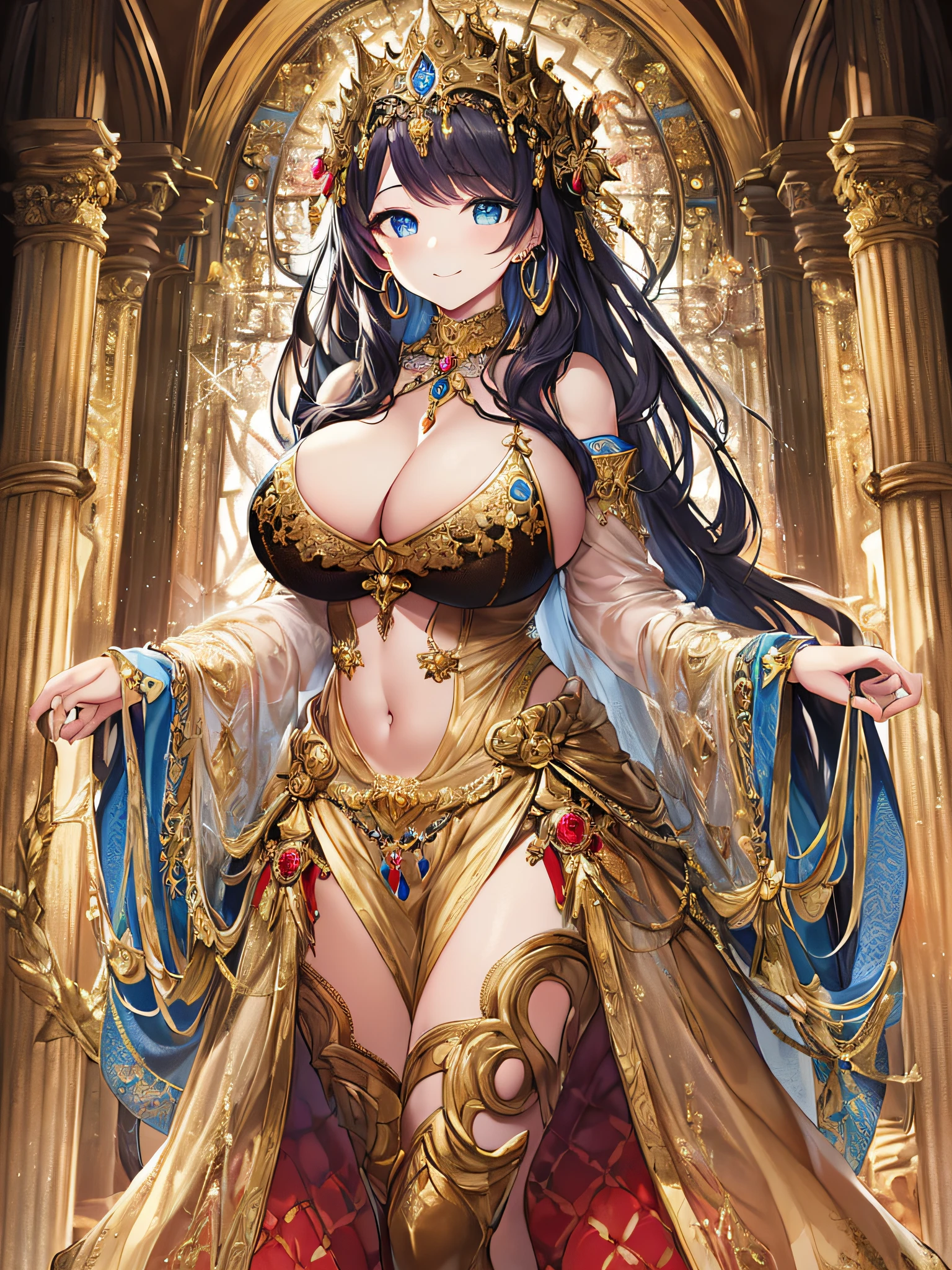 (anime artstyle),((Masterpiece,Best Quality,Super Detail,Very Delicate and Beautiful)),Solo,((full body,standing picture)),standing in the sacred cathedral,((Sacred atmosphere)),((1 Holy High Priestess in beautiful embroidery and jeweled gorgeous Holy rococo ballgown with voluminous full length hoop skirt)),(crinoline),gorgeousfull embroidery,(gorgeous gemstone jewelry),(detailed face and eyes),jewel-like eyes,(smile),((large amount of straight hair,extremely Long voluminous Hair)),((gigantic tits,Long tits,skindentation)),gorgeousfull embroidery,cleavage,extremely gorgeousfull hair ornament,(bling-bling extremely gorgeousfull jeweled tiara),gorgeous corsage,Stained glass,(Dynamic Angle),Looking at viewer,((full body)),((beautiful embroidery and jeweled Holy and gorgeous rococo ballgown with voluminous full length hoop skirt))