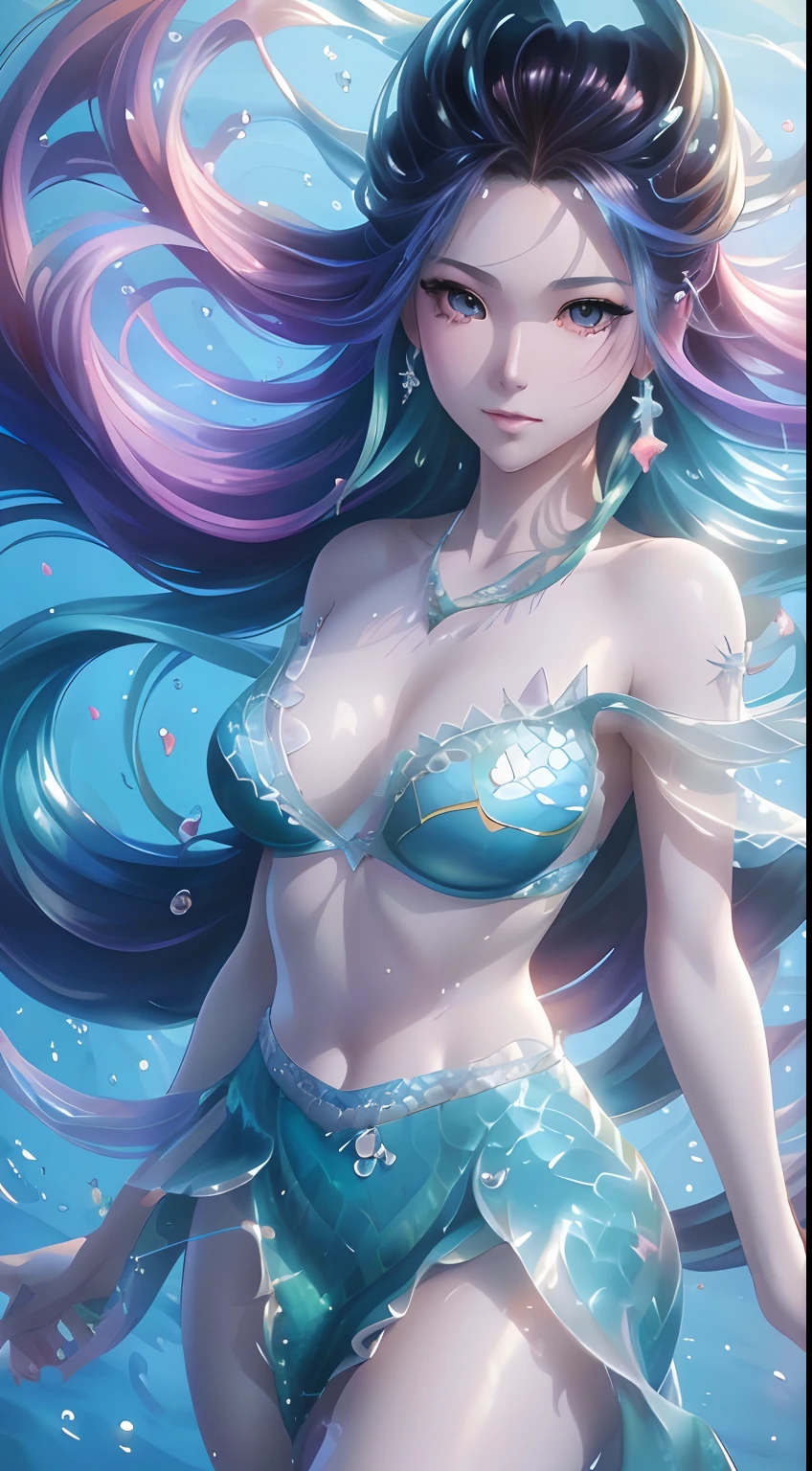 A woman with long hair and a blue bikini top standing in the water, Extremely detailed Artgerm, beautiful mermaid, beautiful and seductive anime woman, goddess of the sea, 8K high quality detailed art, ! Dream art germ, Beautiful anime woman, Art germ. anime illustration, art-style, Goddess of the sea, Style Artgerm