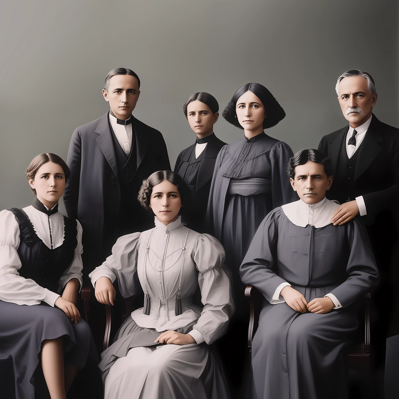 there are a group of people posing for a picture together, colorido, mourning family, colorido, family portrait, colorido, colorido 1 9 0 4 foto, foto colorida, uma foto colorida, foto colorida vintage, fotografia colorida, retratos de grupo, retrato de corpo inteiro de um grupo, 1910, 1 9 1 0, foto em cores