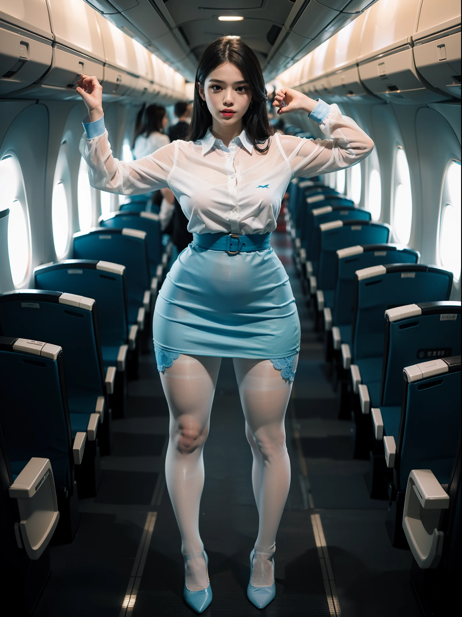 (full body:1.5)，((girl):1.4),(view the viewer:1.4)，(??????? correct:1.3),(martial art pose on a plane:1.2),((colorful), (WHITE SHIRT BREAK BLUE PROFESSIONAL DRESS)):1.2),(((thick white and blue Pantyhose)):1.35),(black girl pointed thick heels :1.1)，,(Accurate and perfect face:1.3),hyper HD, Ray traching, reflective light， structurally correct, Award-Awarded, high detail, lighten shade contrast, Face lighting ，cinematic lighting, masterpiece, super detailing, high quality, high detail, best quality, 16k，High contrast,