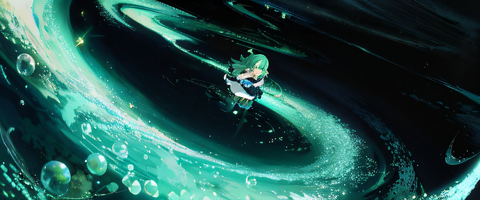 A long river of green made up of particles and spars,A man in the middle,Life is long,Particle lines, Makoto Shinkai Cyril Rolando, Anime girl walking on water, high quality anime movie still, Today's featured anime stills, anime still film anime shikishi, author:Cyril Rolando, anime big breast《kingpin》Albedo in , anime film still, Animation matrix, makoto sinkai