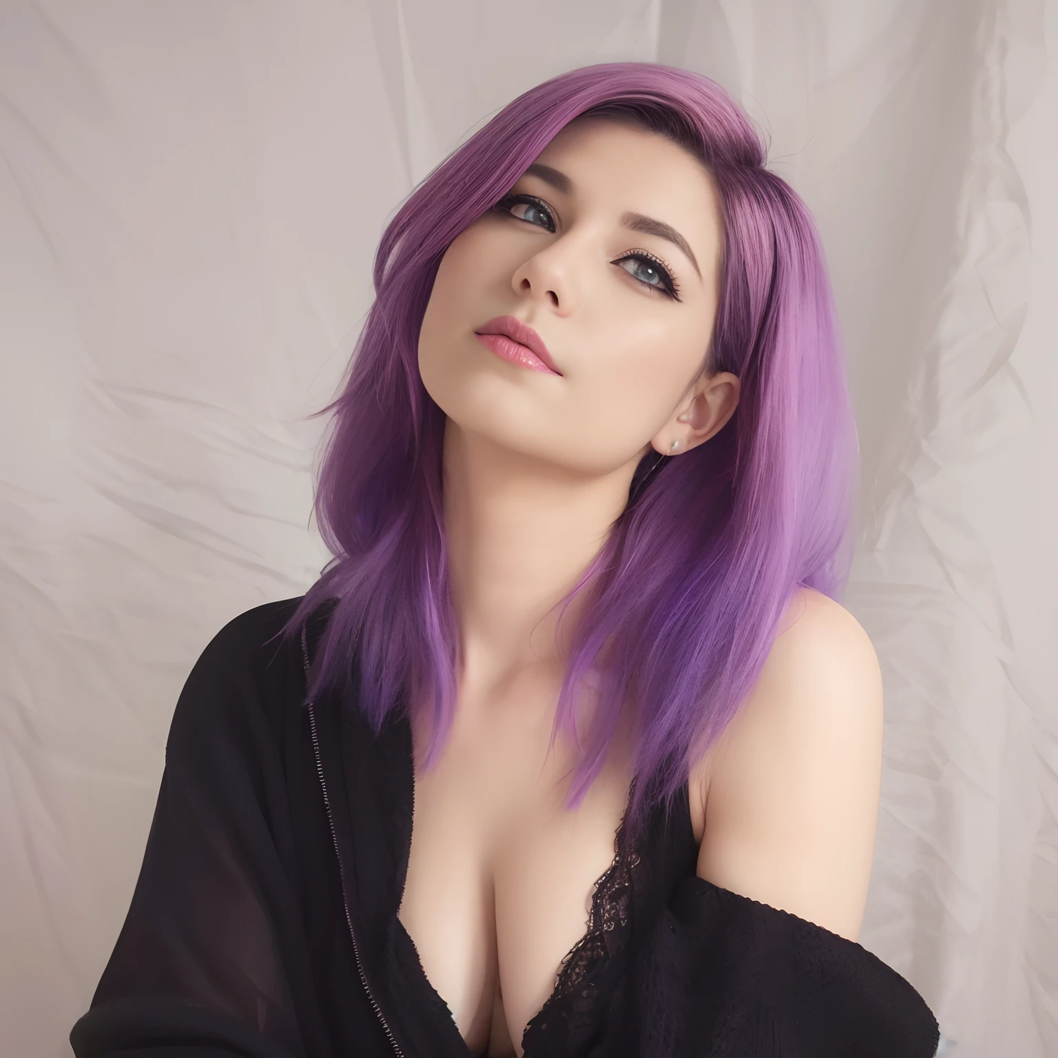 Arafed woman with purple hair and black top posing for a photo, dunkelviolett Haar, Purple hair portrait of woman, violettes Haar, lila haare, Sie hat lila haare, nipples visible, Amouranth, Fliederfarbenes Haar, Besser bekannt als Amouranth, kurzes lila Haar, kinnlanges fliederfarbenes haar, dyed hair, Langes lila Haar, lila langes Haar, Mund offen, ahegao, Brust Peek