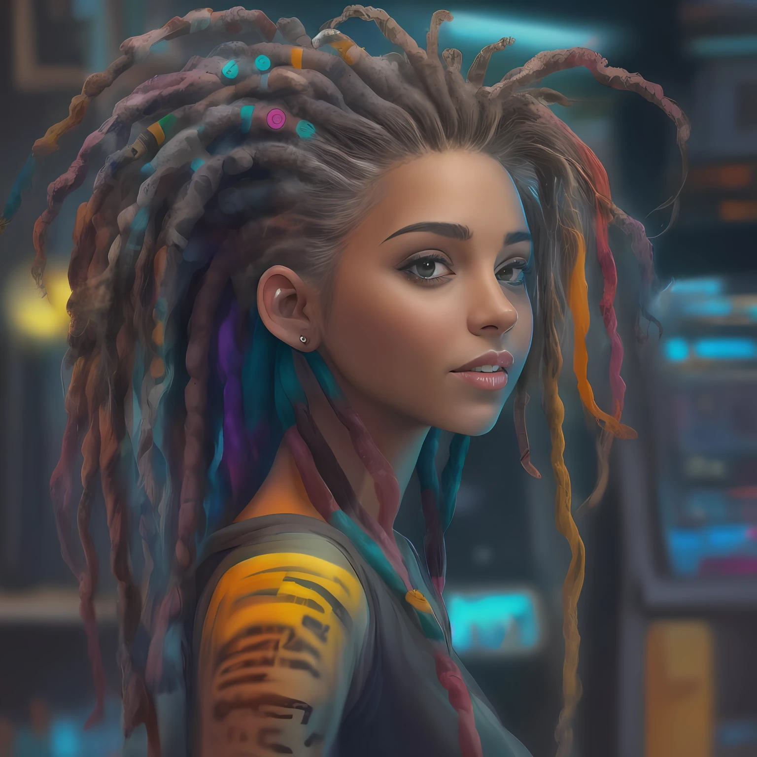 menina bonita futurista, cabelos dreadlock, extremamente detalhado, neon