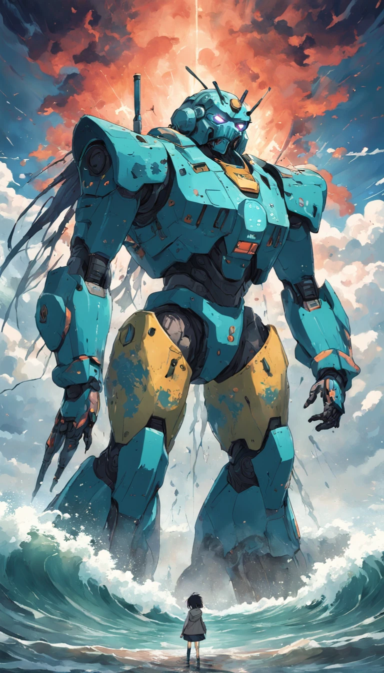 One is printed with the emblem of nuclear radiation、Ugly、Huge robots,Standing in the middle of the sea,With his head bowed、Spit out a large amount from the mouth、Dirty sewage,HD high-quality graphics