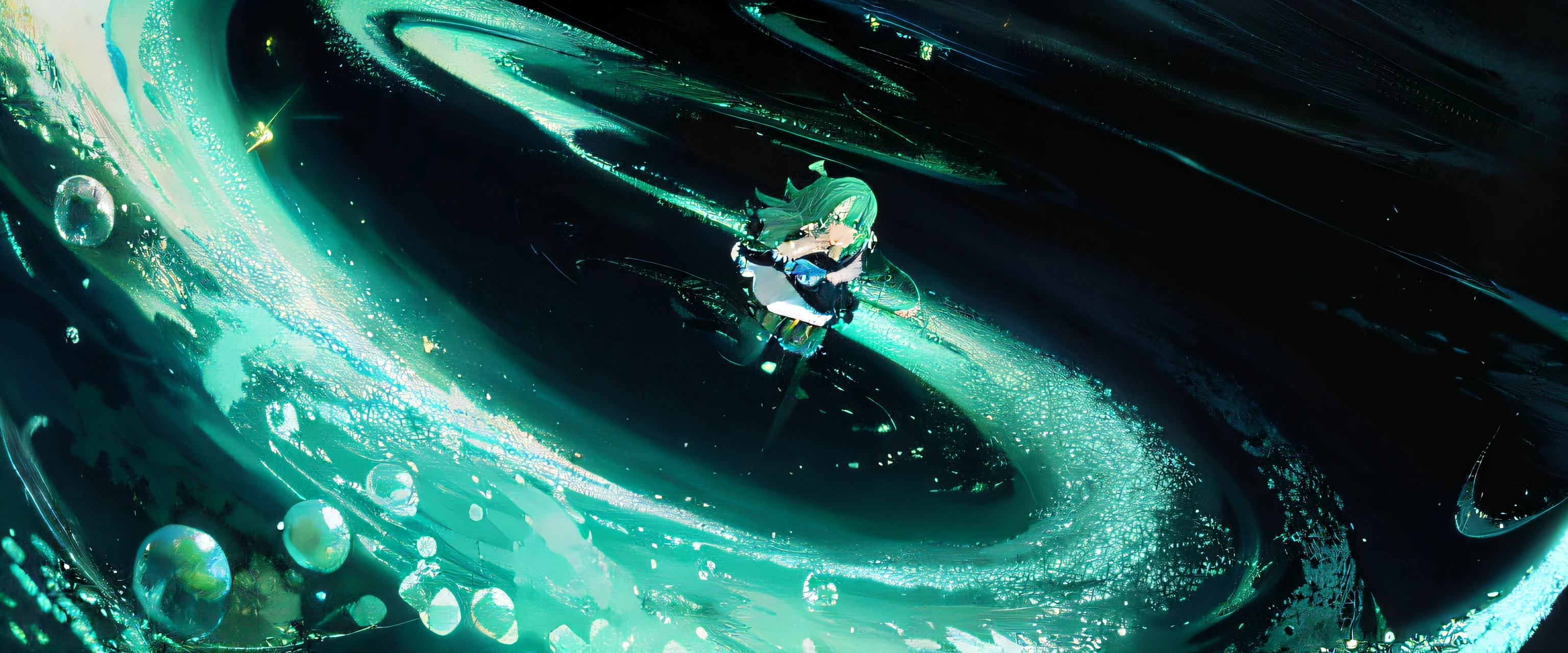 A long river of green made up of particles and spars,A man in the middle,Life is long,Particle lines, Makoto Shinkai Cyril Rolando, Anime girl walking on water, high quality anime movie still, Today's featured anime stills, anime still film anime shikishi, author:Cyril Rolando, anime big breast《kingpin》Albedo in , anime film still, Animation matrix, makoto sinkai