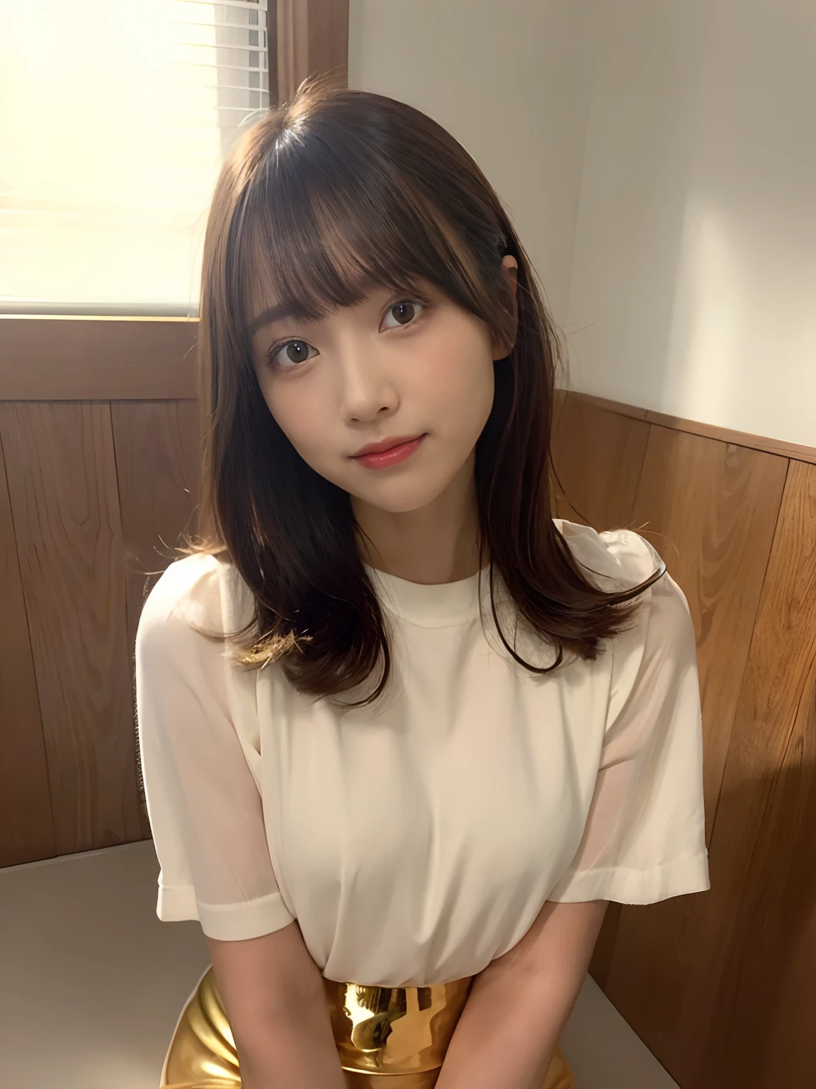 (Photorealsitic:1.4)、best qualtiy、Extremely Delicately Beautiful、A highly detailed、A high resolution、One girl、A smile、full body Esbian、Tight fitting shirts、brunette color hair、long whitr hair、Elbow woods、beatiful detailed eyes、cinmatic lighting、Gold tights、beautifullegs,The kinky is exposed