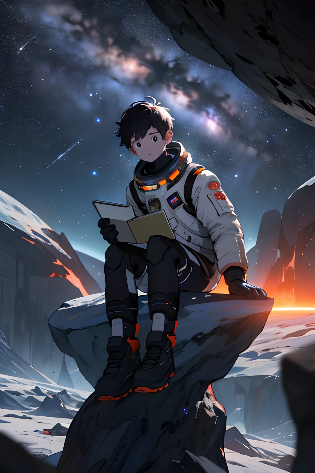 Draw a young programmer,Sit on a research platform floating in the middle of the asteroid belt。She was studying with a notebook,Surrounded by several asteroids that emit fiery rings。Dramatic illuminations from distant stars and planets illuminate the scene,A deep shadow was cast on the spacesuit。Young people look confident,Short female hair,