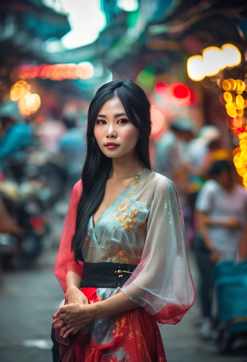 vietnamese gorgeous woman with black long hair detailed alluring eyes, high nose, beautyful face, happy, Thigh gap long sexy legs wearing ao dai Vietnam in beautiful futuristic cyberpunk+ city,, market of hanoi, mist, hot, sunny, best quality masterpiece, photorealistic, detailed, 8k, HDR, shallow depth of field, broad light, high contrast, backlighting, bloom, light sparkles, chromatic aberration, sharp focus, RAW color photo