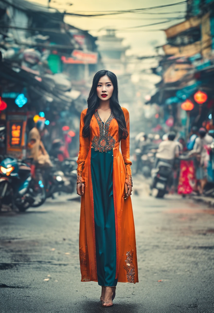 vietnamese gorgeous woman with black long hair detailed alluring eyes, high nose, beautyful face, happy, Thigh gap long sexy legs wearing ao dai Vietnam in beautiful futuristic cyberpunk+ city,, market of hanoi, mist, hot, sunny, best quality masterpiece, photorealistic, detailed, 8k, HDR, shallow depth of field, broad light, high contrast, backlighting, bloom, light sparkles, chromatic aberration, sharp focus, RAW color photo