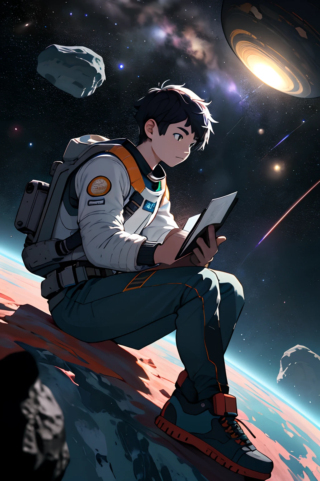 Draw a young programmer,Sit on a research platform floating in the middle of the asteroid belt。She was studying with a notebook,Surrounded by several asteroids that emit fiery rings。Dramatic illuminations from distant stars and planets illuminate the scene,A deep shadow was cast on the spacesuit。Young people look confident,Short female hair,