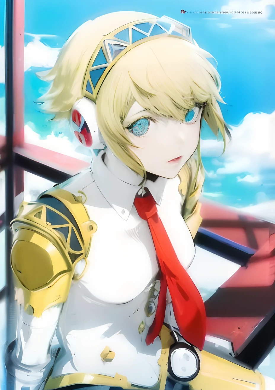 Garota anime com cabelo loiro e olhos azuis usando uma gravata vermelha, Ann Takamaki de Persona 5, Pessoa 5, anime manga robot!!  anime, arte chave do anime, estilo de arte persona, tou, anime", Anime Garota do Futuro, Estilo Persona 5, Anime Ciborgue, Kagamine Rin, Pessoa 4, obra de arte Pessoa 5, Artoria Pendragon, Arte Oficial, qualidade  4k, seios grande detail, sorriso fechado, cor nos olhos azul claro detalhe alto, uma estrela amarela no lugar da pupila