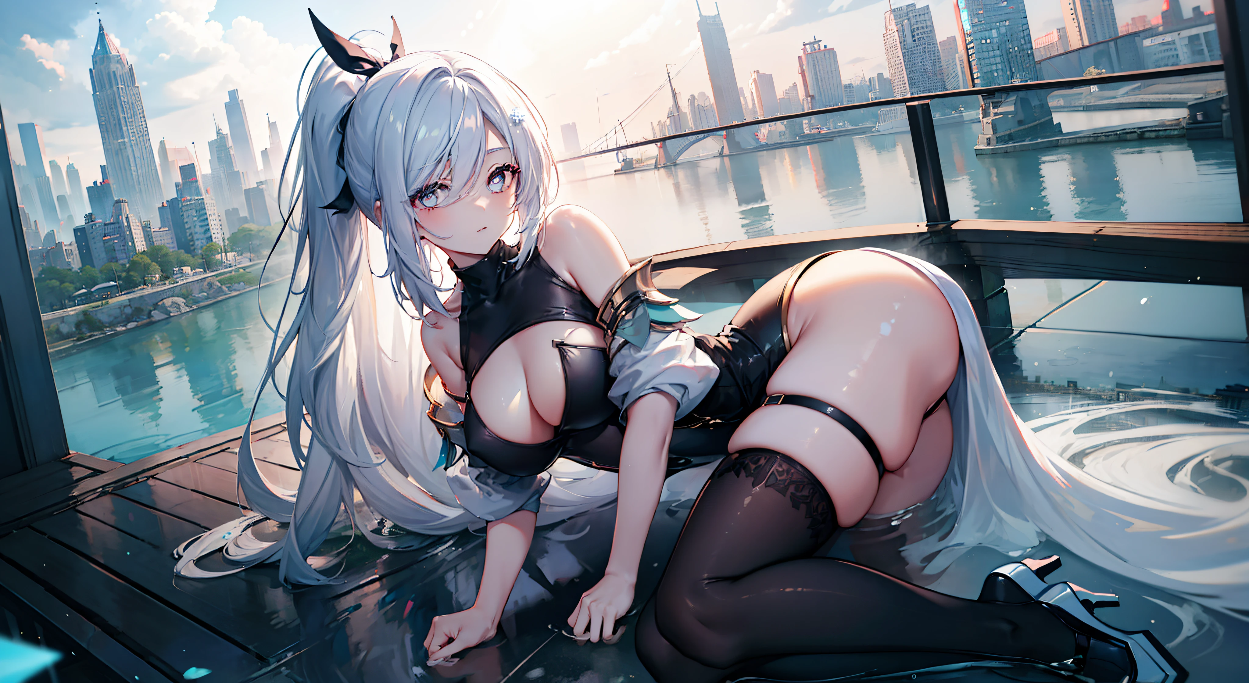heavy rain,Gorgeous high heels,Under water,grabbing the breasts,Official fine art,tmasterpiece,Sharp focus,Nice high ponytail hairstyle,Delicate and beautiful eyes and face,realisticlying,ultra - detailed,a beauty girl,blue-sky,Glowing white particles,(side-lighting:1.2),scenecy,Long straight hair, sexy facial expression, buliding, (Cityscape:1.7), Dynamic hair, , Long black socks, paleskin, hair adornments, epic landscapes,deep in the night,Masterpiece, Best quality,Bare shoulders, white thighhighs, Hair ribbon, Large breasts,