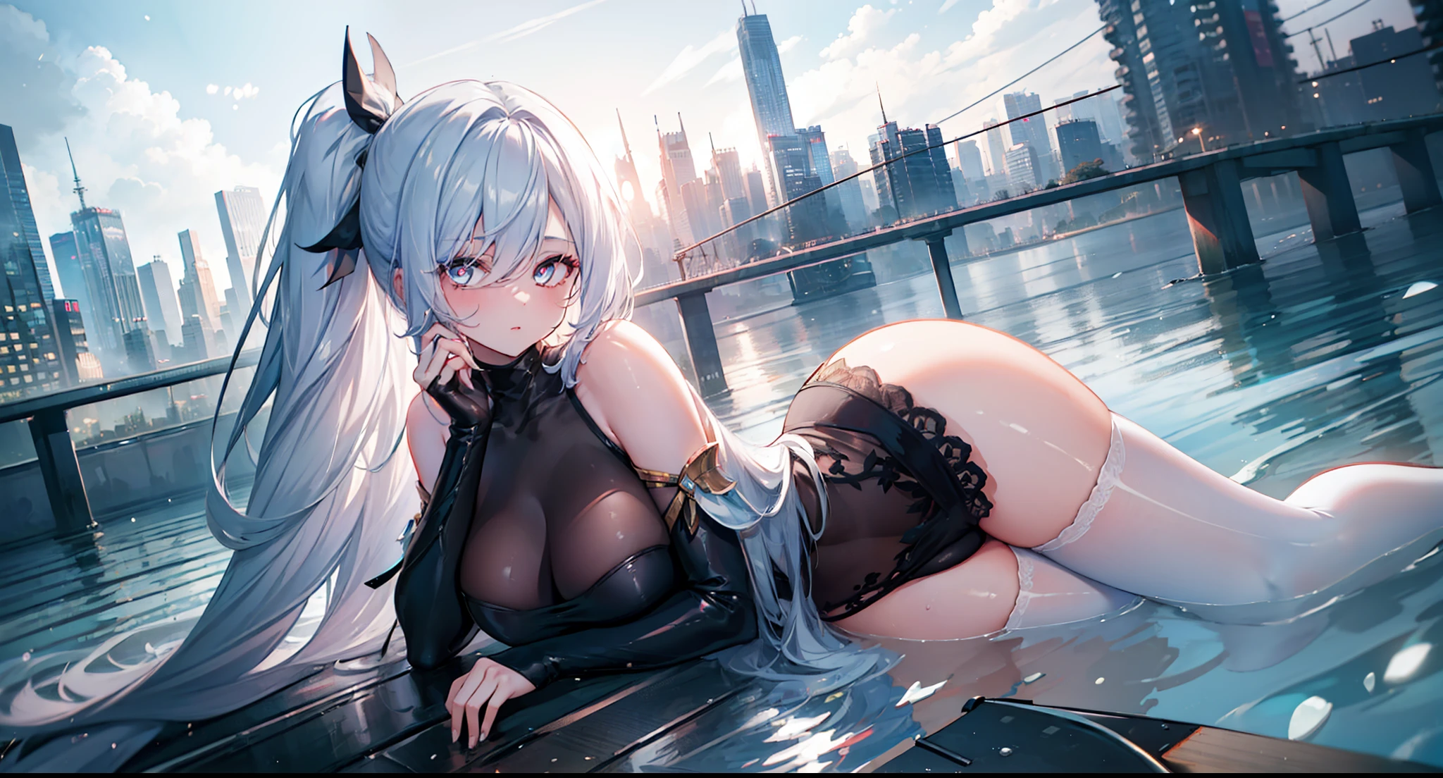 heavy rain,Gorgeous high heels,Under water,grabbing the breasts,Official fine art,tmasterpiece,Sharp focus,Nice high ponytail hairstyle,Delicate and beautiful eyes and face,realisticlying,ultra - detailed,a beauty girl,blue-sky,Glowing white particles,(side-lighting:1.2),scenecy,Long straight hair, sexy facial expression, buliding, (Cityscape:1.7), Dynamic hair, , Long black socks, paleskin, hair adornments, epic landscapes,deep in the night,Masterpiece, Best quality,Bare shoulders, white thighhighs, Hair ribbon, Large breasts,