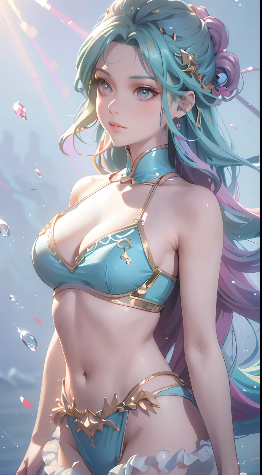 A woman with blue hair and a bikini top in the water, Extremely detailed Artgerm, Art germ. anime illustration, beautiful and seductive anime woman, ! Dream art germ, seductive anime girls, like artgerm, 8K high quality detailed art, Art germ. High detail, art-style, Style Artgerm, Anime goddess