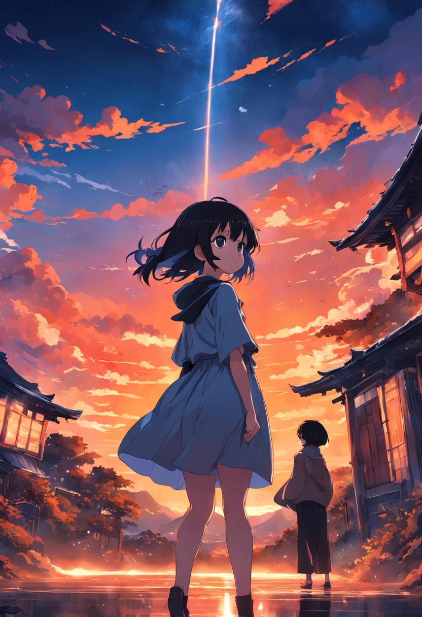 animesque, charicature, Nostalgic feelings, Illustration of a girl on a beautiful sunset background