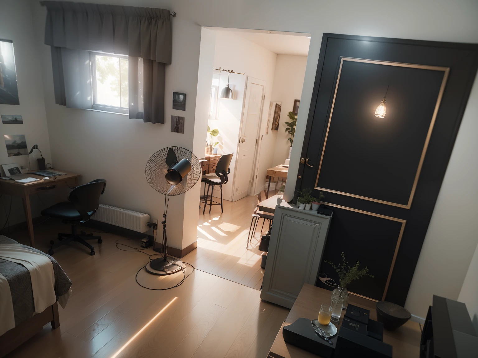 (8K、top-quality、tmasterpiece:1.2)、(hentail realism、Photorealsitic:1.37)、ultra - detailed、top-quality、超A high resolution、profesional lighting、photon maping、Radio City、physically-based renderingt、Cinematic lighting、depth of fields,on focus,rays of sunshine,well-composed,(Bokeh:1.2),
bedroom view, chair, and a table, concept eclectic, Interior design, parks, Under the big tree, concept house, concept illustartion, inspired by Reinier Nooms, simple ceiling, Bed room, bright render, Detailed rendering, rendering, 3 d rendered, 3D rendering of, Whole room, conceptual drawing