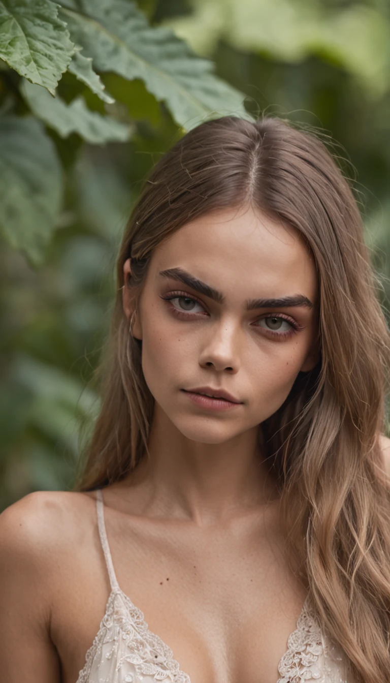 Hot young girl looks like Cara Delevingne model look in bikini, Tanned Mexican woman, Pouty lips, fantasy-inspired, good, Grows in the jungle against the background of a large plum, sly smile, Passionate gaze, Hot weather, Calf moisture, Hot summer