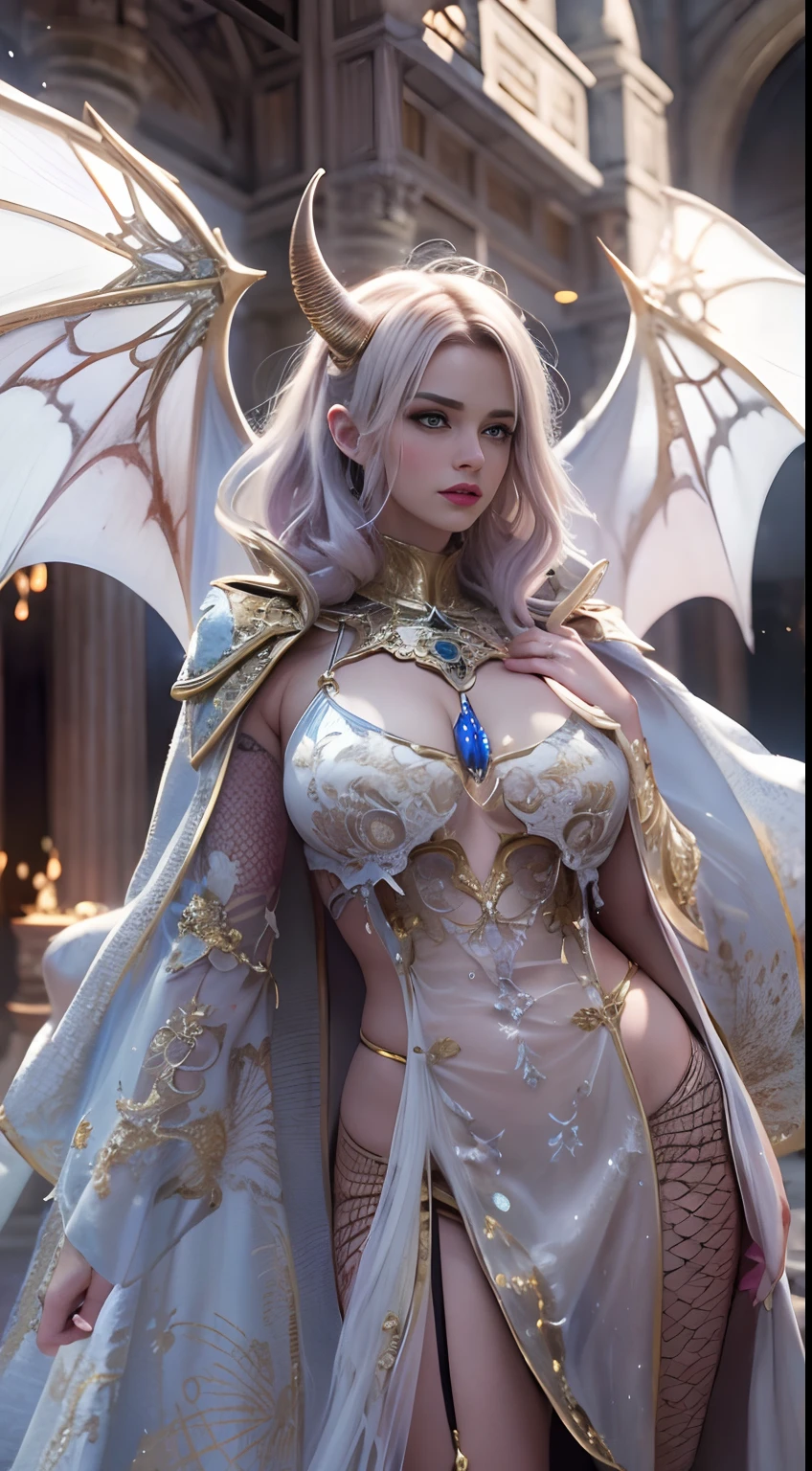 a matural female，Dragon's horn，Bat wings，Tattooed with，eyes glowing，magia，Large breasts，magnificent robe，complex patterns，palaces，(skin indentation:1.5), realisticlying, realisticlying, (Masterpiece:1.5), concept-art, intricately details, highly  detailed, realisticlying, rendering by octane, 8K, unreal-engine, dynamicposes, Best quality at best, A high resolution, (photorealiscic face:1.1), (Hyper-realistic:1.1),  perfect  eyes,(shiny skins:1.2),  Radiant force,  smog, magia, ((Dramatic)), Epic, battlefiled, depth of fields, Background bokeh, 4K,  ashes, Particle，