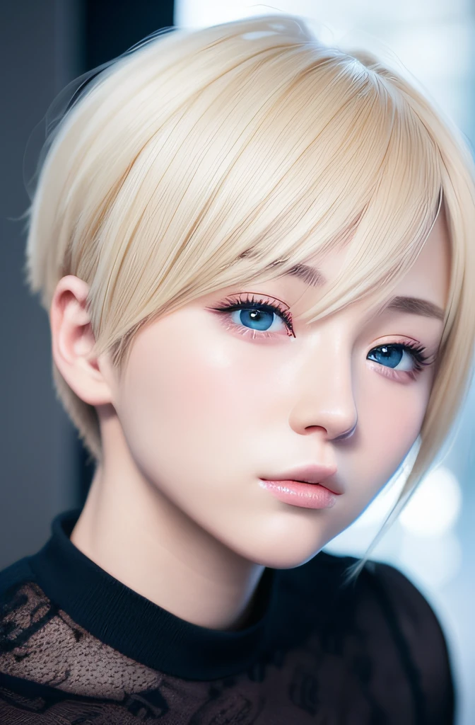 Masterpiece、in 8K、photorealistic anime girl render、Adult female 18 years old、(Lifelike face:1.2)、(a blond、Boyish short-haired:1.3)、(Blue Eyes:0.9)、real life anime girl、(s lips、Lashes:0.7)、8K Portrait Rendering、Crystal clear white skin