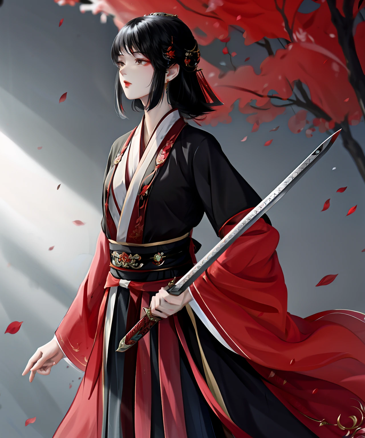 with short black hair,red color Hanfu,Hold a sword in hand