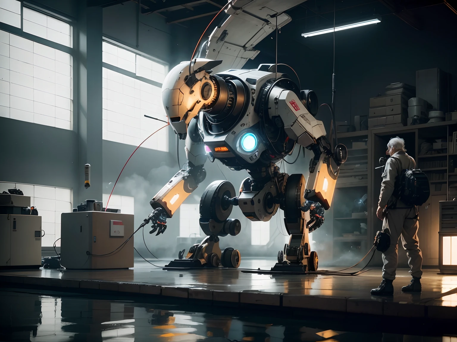 an elderly, with MECH on the laboratories, 8K resolution, with natural lighting, utilizing Unreal Engine 5 and CryEngine, trending on ArtStation due to its HDR visuals and perfect composition
