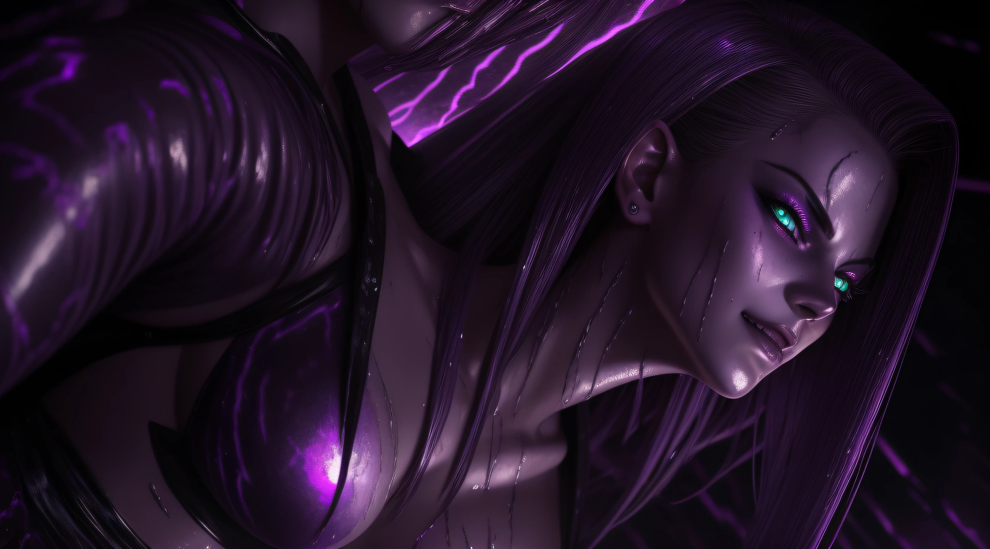 sexy android 18, Glow, seductive, glowing purple eyes , sexy , (ultra photorealistic:1.3), (masterpiece:1.4), best quality, ((realistic)), high quality, ultra detailed, ((real image)), ((realistic skin)), ((realistic face)),(illustration:1.05), (beautiful:1.05), (beautiful detailed eyes:1.05), (cinematic light:1.1), Extremely realistic , evil , wet ,corrupted , black veins ,parasites , dark energy , swarm, hive , grin , sadistic, wet ,portrait , purple glow ,possessed. lesbian, kissing , tentacle