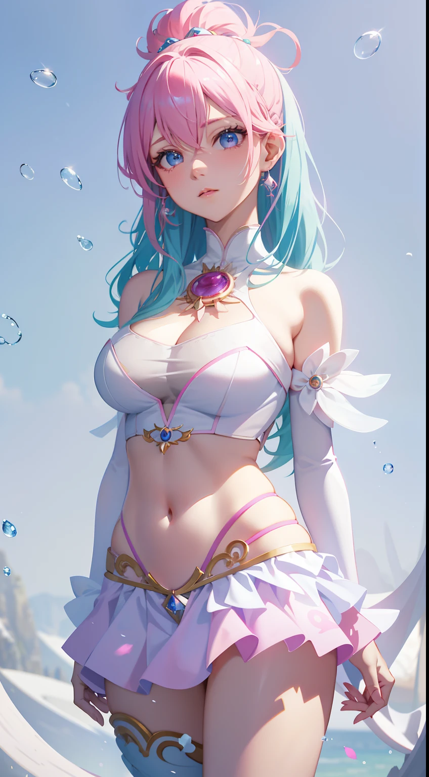 Anime girl with pink and blue hair and white top, beautiful and seductive anime woman, Anime goddess, Guviz, Beautiful anime woman, Guviz-style artwork, goddess of the sea, beautiful fantasy anime, Fantasy art style, Guweiz in Pixiv ArtStation, Guweiz on ArtStation Pixiv, Detailed digital anime art