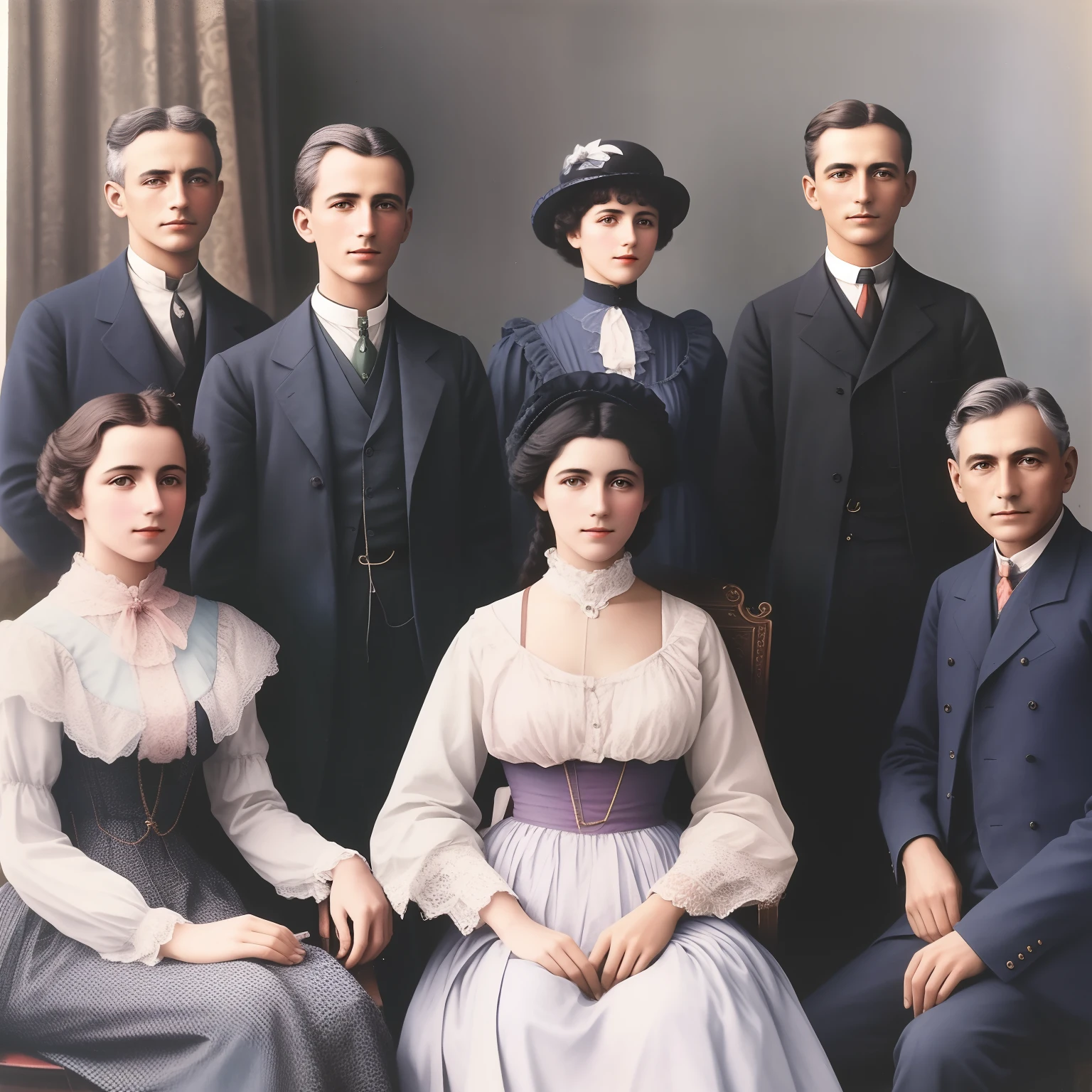 there are a group of people posing for a picture together, colorido, colorido, colorido 1 9 0 4 foto, foto colorida, colorido, foto colorida, hand - tinted, retrato de corpo inteiro de um grupo, uma foto colorida, fotografia colorida, retratos de grupo, foto colorida antiga, foto colorida vintage, um grupo de pessoas, 1905