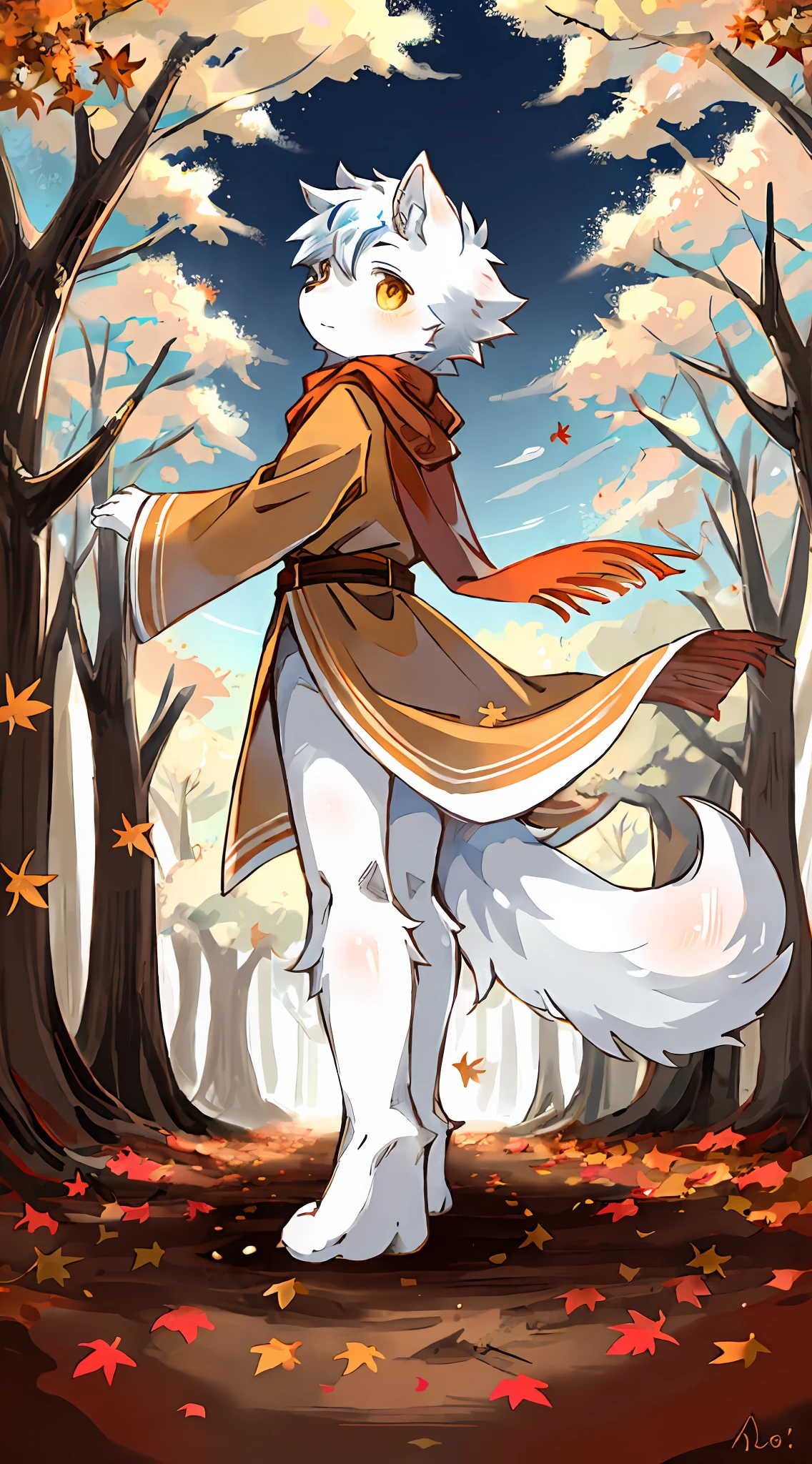 A white wolf,orange robe,orange scarf,Maple Grove,Maple leaves,Maple leaves are all over the ground,clear blue skies,Shota,adolable,suns,solo person,Look into the distance,back to look back,In the woods,Red maple trees on both sides,maple trees,flowing robe,Flowing scarf,Beautiful picture,Falling maple leaves,Maple leaves cover the ground,Fluffy tail,Standing in the maple forest,Maple leaves float in the air,Yellow leaves float in the air