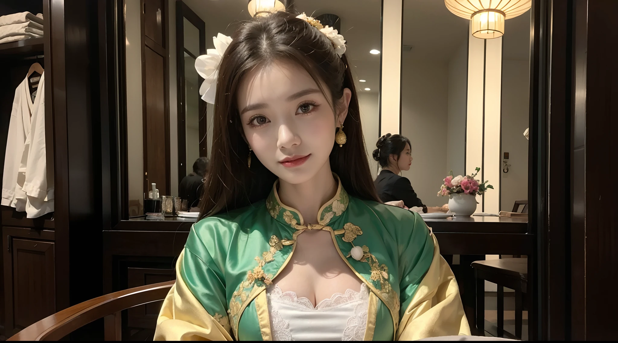 (A half body，Close-up，closeup cleavage：1.2)，Arakfi Asian woman sitting in chair，Wearing a green and gold dress, (outside,hot onsen，florals，grassy，nevando） ， A girl in Hanfu, Hanfu, Cheongsam, with acient chinese clothes, Traditional beauty, Traditional Chinese clothing, Wearing ancient Chinese clothes, Chinese style, Chinese dress, Chinese costume, Chinese traditional, Chinese girl, wearing ornate silk clothes，Redlip,（solo person）