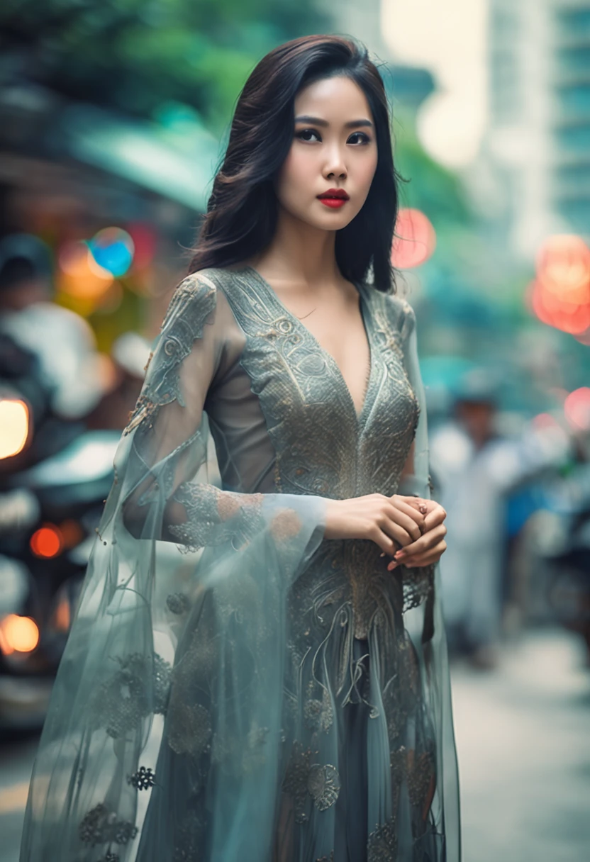 vietnamese gorgeous woman with black long hair detailed alluring eyes, high nose, beautyful face, happy, Thigh gap long sexy legs wearing ao dai Vietnam in beautiful futuristic cyberpunk+ city,, in a garden of hanoi, mist, hot, sunny, best quality masterpiece, photorealistic, detailed, 8k, HDR, shallow depth of field, broad light, high contrast, backlighting, bloom, light sparkles, chromatic aberration, sharp focus, RAW color photo, accent lighting