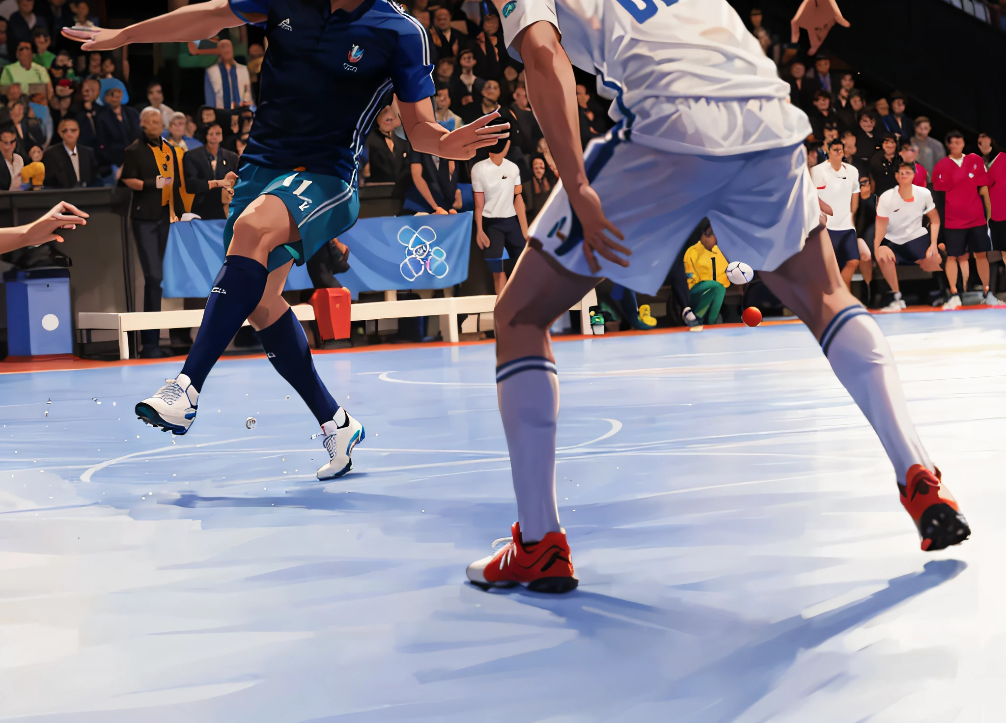 several men playing a game of soccer on a court with a crowd watching, france, dynamic action shot, afp, cover shot, indoor shot, focus on his foot, trending dribble, photo from the olympic games, opening shot, the best ever, 🇺🇦, yann blomquist, instagram post, wide angle dynamic action shot, title, by Bernard Meninsky