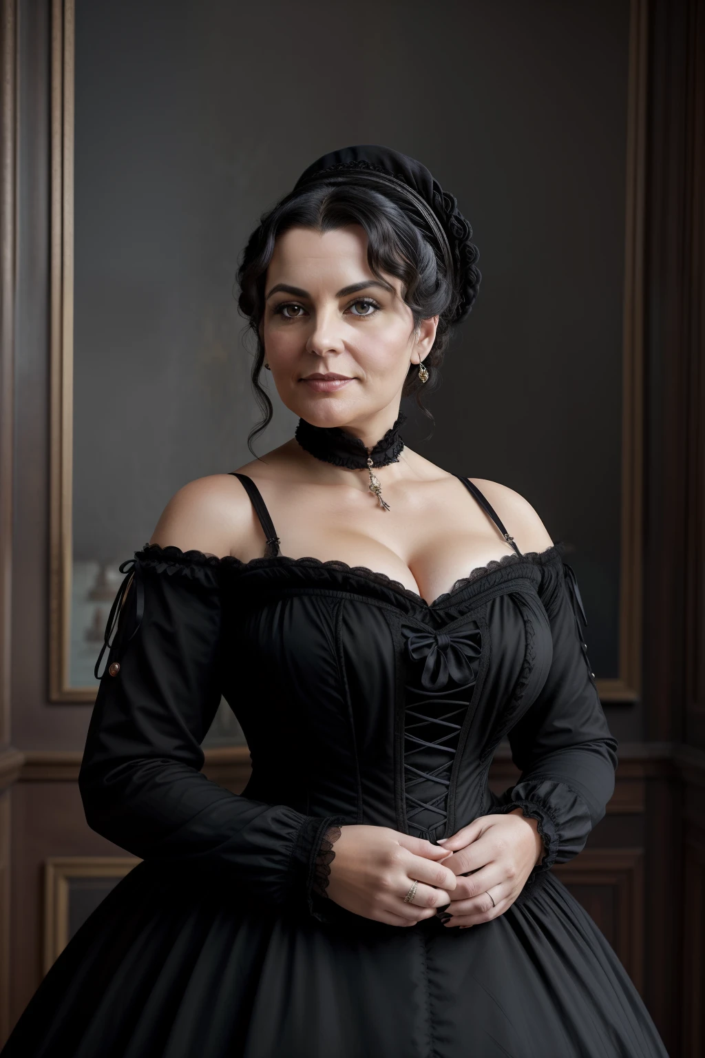 portrait of curvy 50 year old caucasian woman, fair complexion, black hair, she wears victorian clothing in victorian london, lots of detail, artistic pose, 32k