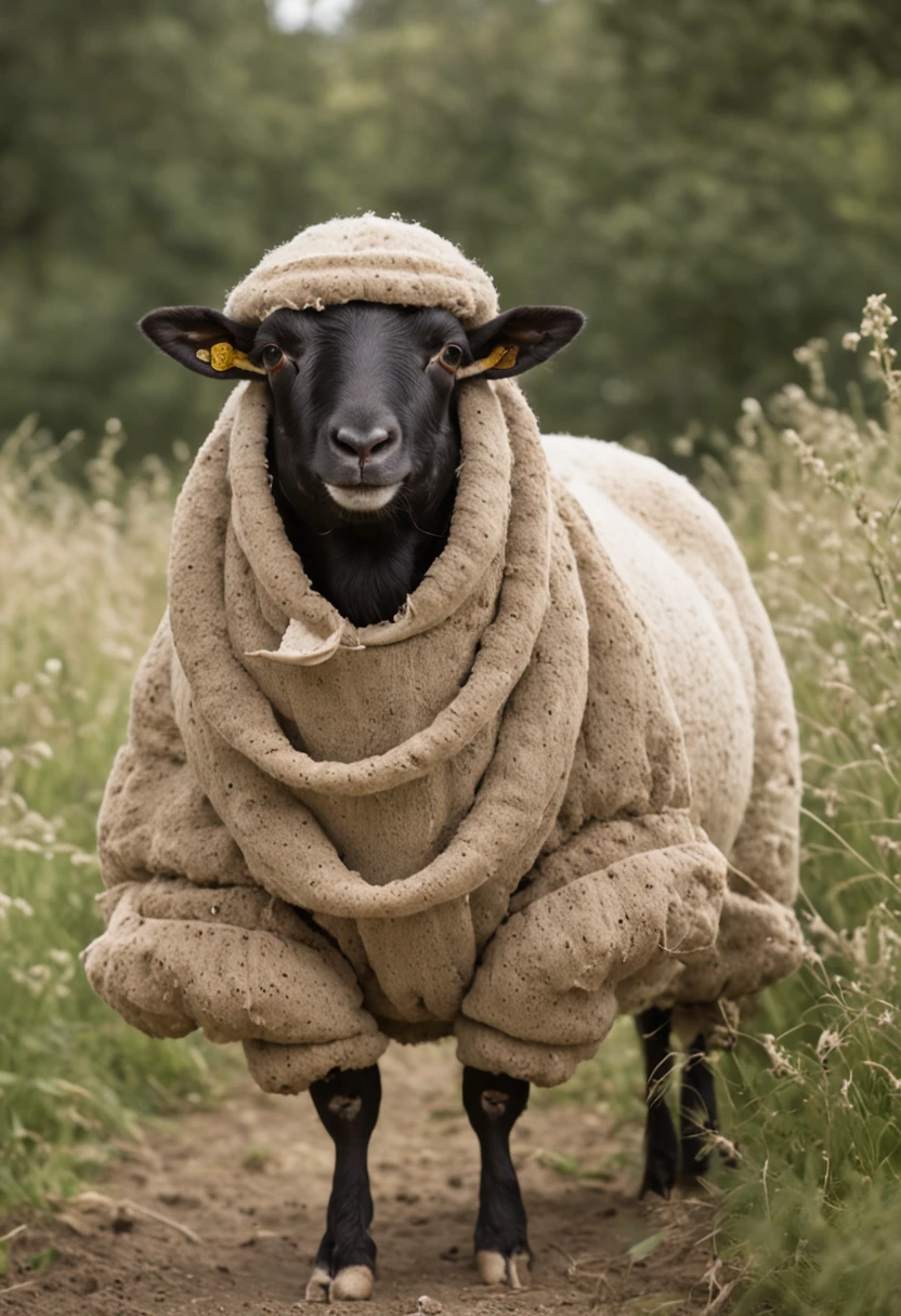 A sheep dressed as a farmer with humans standing on hands and feet in the meadow