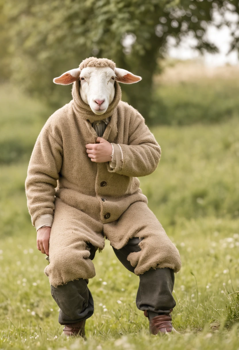 A sheep dressed as a farmer with humans standing on hands and feet in the meadow