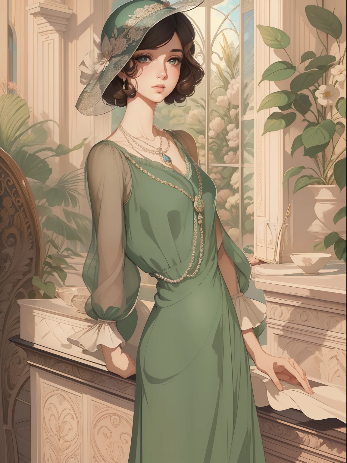 Bewitching green eyes Vivien Leigh in green and white dress sitting on a couch in front of a window, an art deco painting inspired by Art Frahm, tumblr, figurative art, art deco painting, baroque painting. star lit sky, art deco portrait, stars in her gazing eyes, hildebrandt, realistic art deco, francine van hove, celestial goddess, fantasy realism, blue night