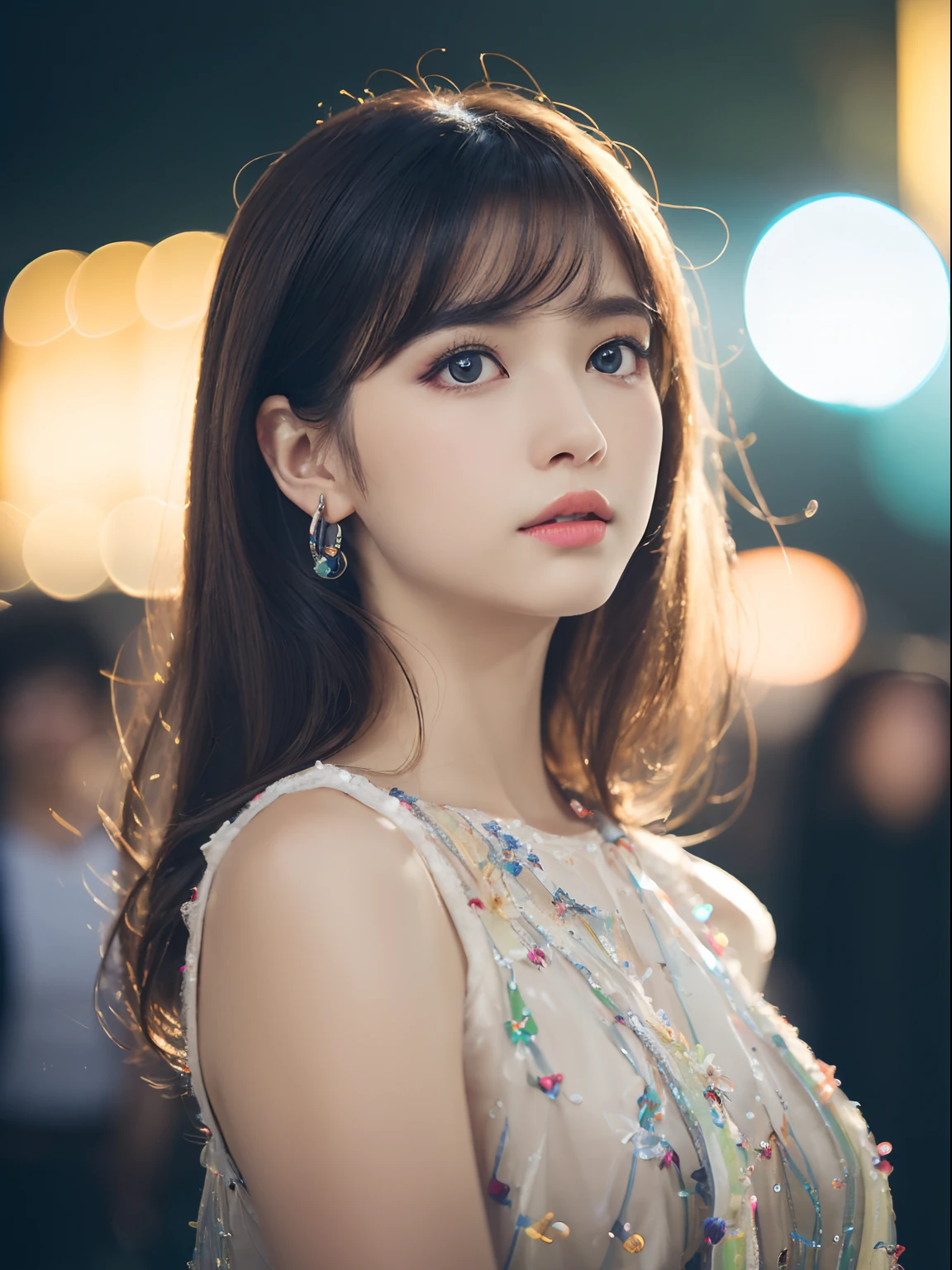 (8K, Photorealistic 1.25) ,(Glossy finish, High Quality, 超A high resolution, chromatic abberation,Natural Shadow)(depth of fields:1.6), (colorful unfocused lights on background:1.2) ,very natural make-up,Slender eyes.Downcast eyes. The distant look in her eyes、(Gorgeous Summer Dresses)(Pro model,stylish),Medium Hair