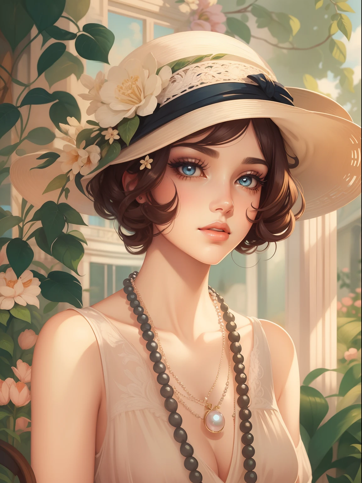 Parisian illustration from the 1920s with an air of elegance and charm. Ela tem curta, "para o menino" Estilo de cabelo, provavelmente marrom escuro ou loiro. Your face is enhanced by subtle makeup, with lips painted in a soft tone and eyes emphasized by eyeliner. She wears a flowing, Desafio vestido cortado, possivelmente adornado com franja ou detalhes de renda, representing the Art Deco fashions of the time. A long pearl necklace and a cloche hat adorn her look, complementando sua aura sofisticada. His gaze is curious and contemplative, reflecting their participation in the cultural and artistic discussions that simmer in Parisian cafes and salons. She is standing in a garden ,Digital illustration style, Cartoon style illustration, Belo estilo de arte, Trends in Artstration, Beautiful digital illustration, bela arte digital, estilo de arte dos desenhos animados, arte digital detalhada bonito, exquisite digital illustration, Estilo de desenho bonito, Amazing Art Style, estilo de arte vetorial, Digital anime illustration, 2d illustration