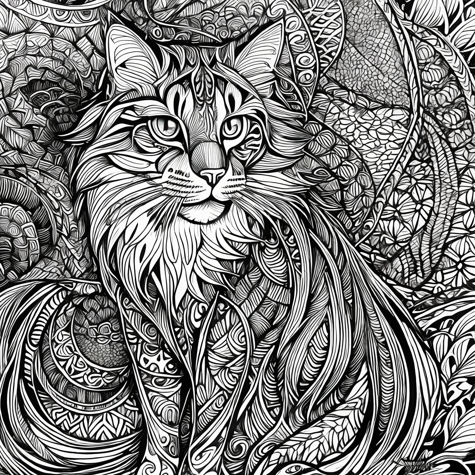 Maincoon cat, (best quality) zentangle, fine line drawing, fine line art, colouring book illustrations, ultra-detailed, intricate linework, highly detailed illustration, perfect composition, beautiful and stunning, dynamic angle, high contrast, incredible shading, incredible detail, unique style, multi colored details, (dark and mystical atmosphere), intricate and detailed nature elements. --auto --s2